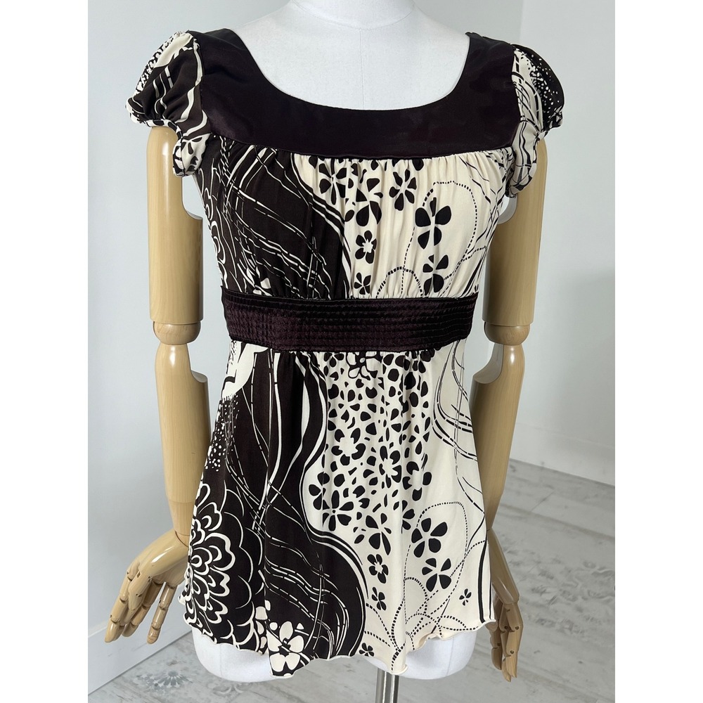 Vintage Y2K Brown Cream Floral Empire Waist Blouse Short Sleeve Tie Top